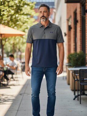 Under Armour Golf Polo, Grey/Navy Blue, M